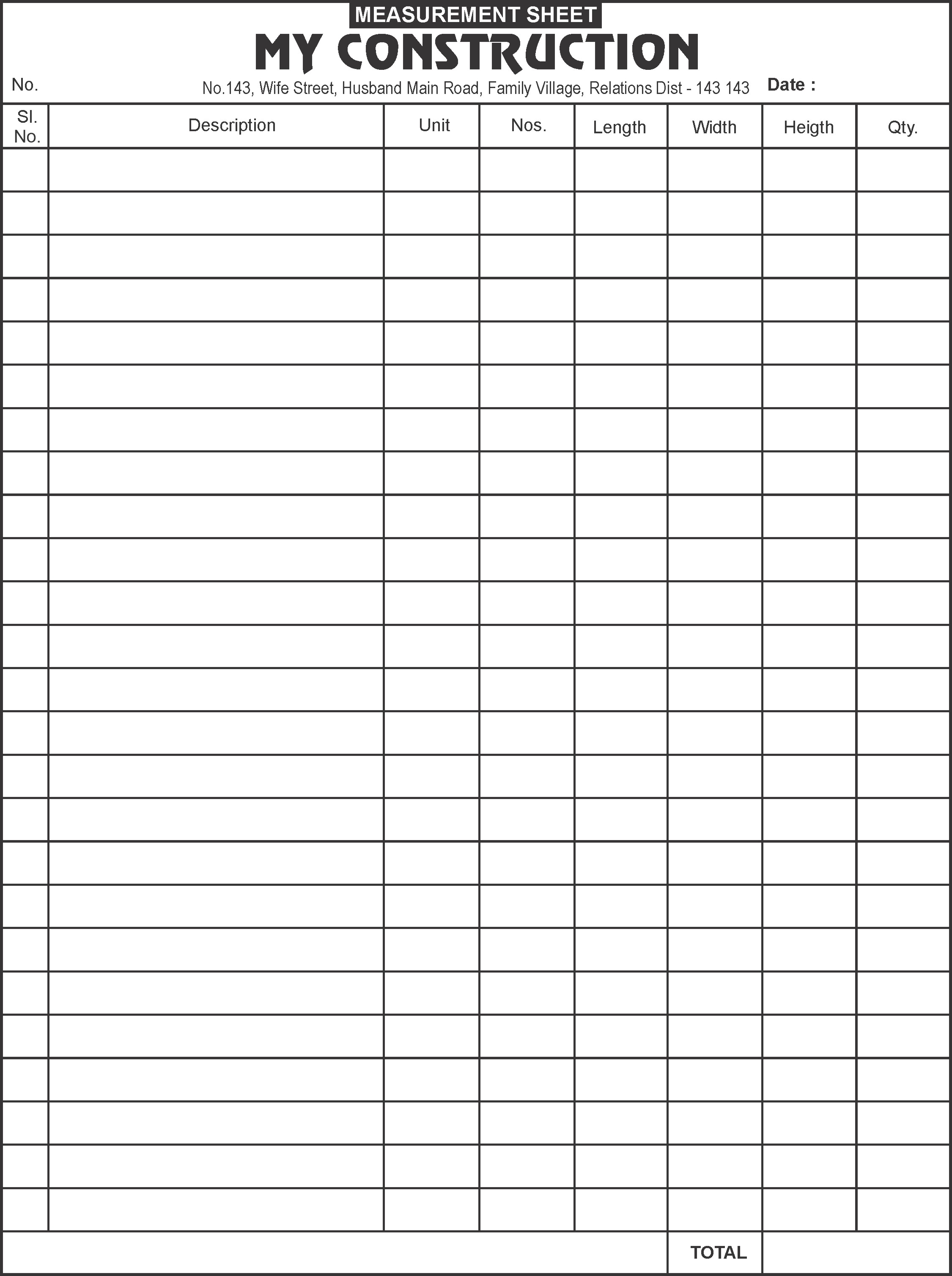Measurement Sheet 1 Printing Design