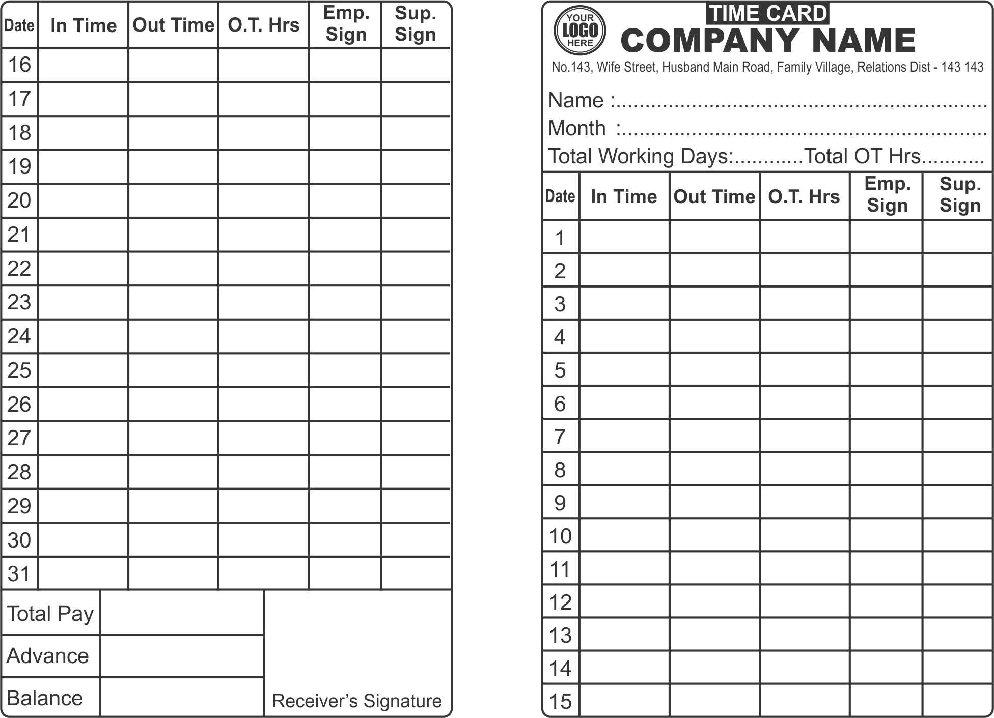 Time Card 1 Printing Design