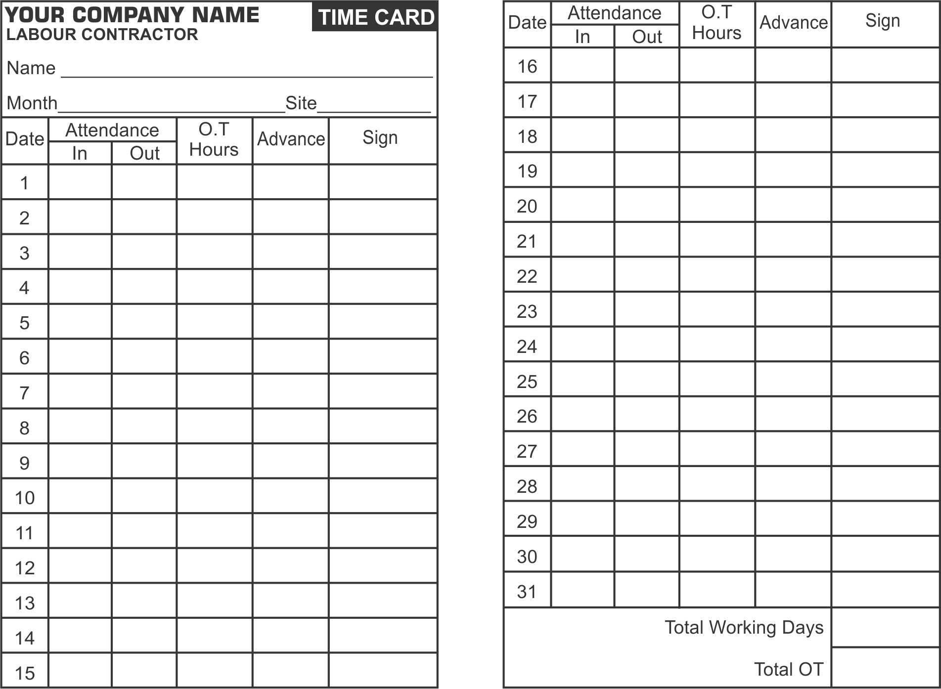 Labour Contractor Time Card Design