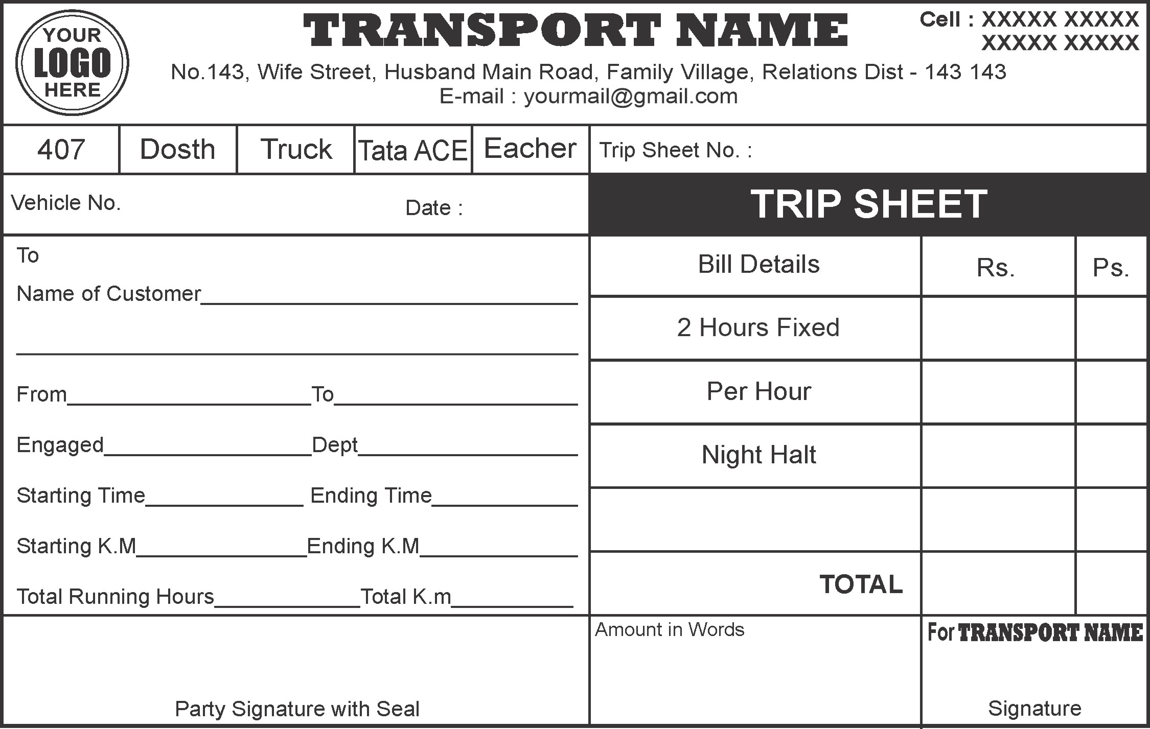 Trip Sheet 1 Printing Design
